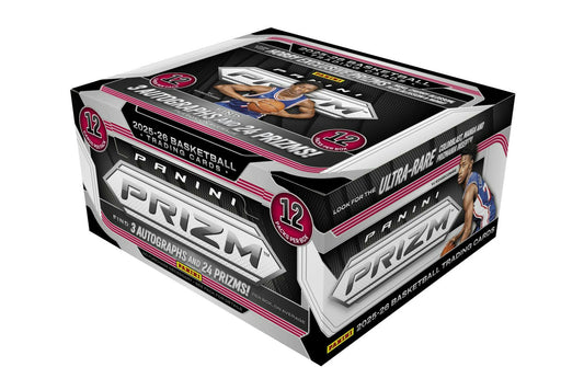 2025/26 Panini Prizm Basketball Hobby Box featuring three autographs, 24 Base Prizms, and premium basketball inserts.
Back of the 2025/26 Panini Prizm Basketball Hobby Box showing product details and box configuration.
2025/26 Panini Prizm Basketball hobby pack featuring NBA stars, rookies, and colorful Prizm parallels.
2025/26 Panini Prizm Basketball promotional sell sheet highlighting Manga SSPs, Colorblast inserts, Cherry Blossom parallels, and Hobby-exclusive autographs.