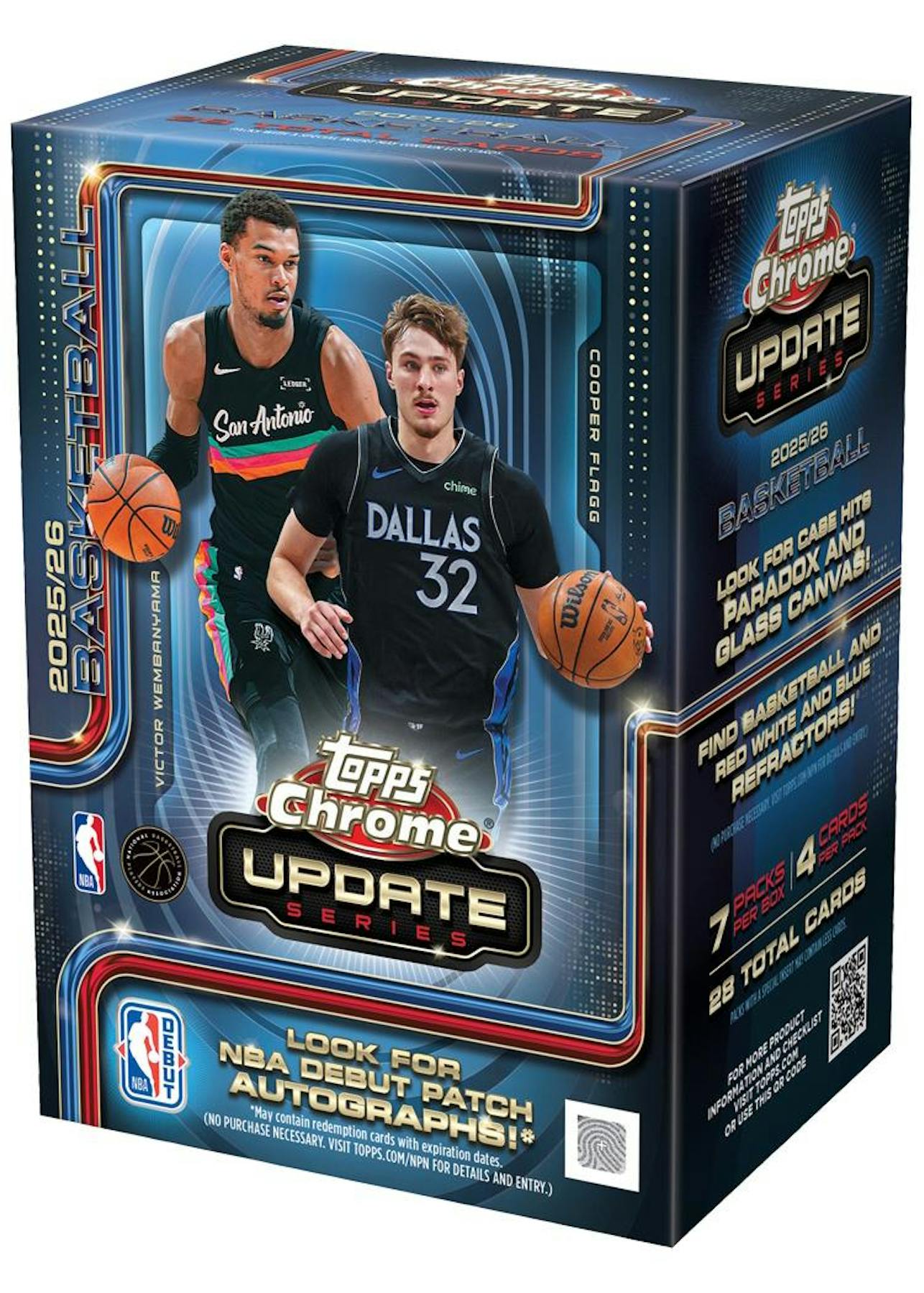2025/26 Topps Chrome Update Series Basketball Blaster Box featuring NBA rookies, stars, and Value Box-exclusive parallels.
Back of the 2025/26 Topps Chrome Update Basketball Blaster Box showing product details and box configuration.
2025/26 Topps Chrome Update Basketball Blaster pack featuring Chrome rookies, inserts, and colorful parallels.
2025/26 Topps Chrome Update Basketball sell sheet highlighting NBA Debut Patch Autographs, Minions NBA, Helix, and Lava Lamp Rookie Autographs.