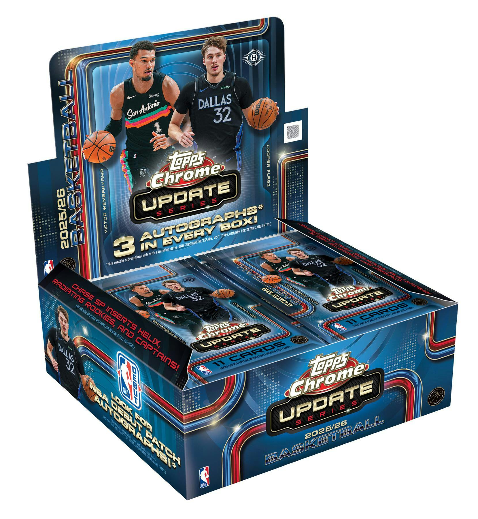 2025/26 Topps Chrome Update Series Basketball Hobby Jumbo Box featuring three autographs and NBA Debut Patch Autograph chase cards.
Back of the 2025/26 Topps Chrome Update Basketball Hobby Jumbo Box showing product details and Jumbo configuration.
2025/26 Topps Chrome Update Basketball Hobby Jumbo pack featuring NBA rookies, stars, Chrome parallels, and autograph cards.
2025/26 Topps Chrome Update Basketball sell sheet highlighting NBA Debut Patch Autographs, Minions NBA, Helix, and Lava Lamp Rookie Autogra