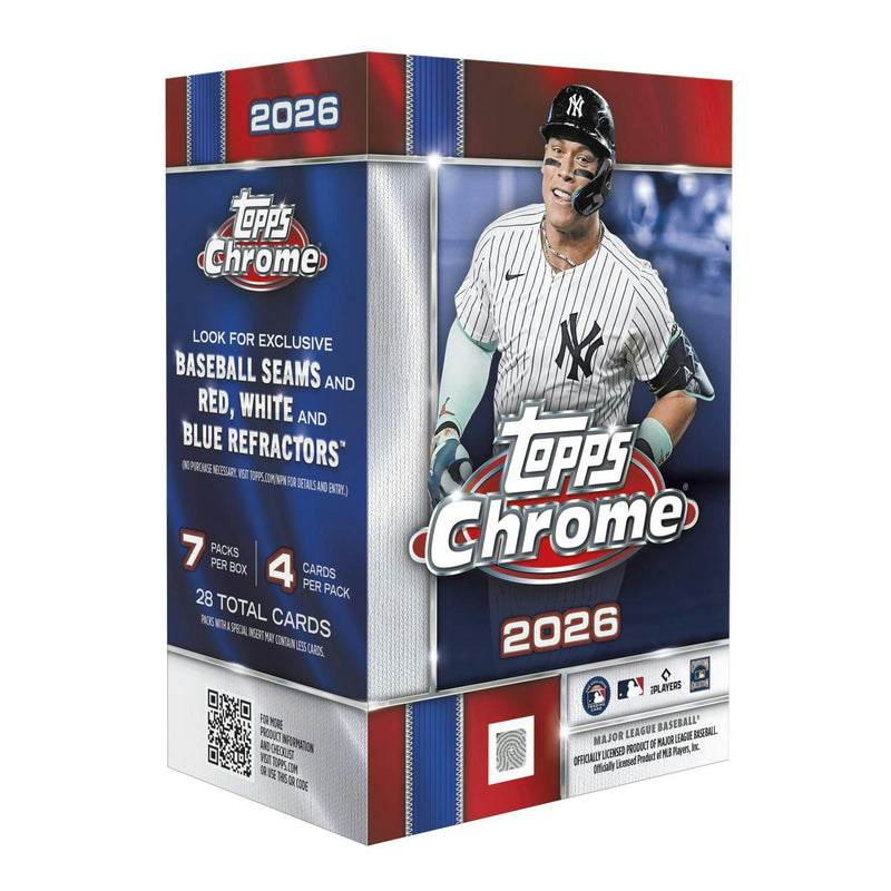 2026 Topps Chrome Baseball Blaster Box featuring exclusive Raywave Refractors, rookie autographs, and Chrome MLB trading cards.
Back of the 2026 Topps Chrome Baseball Blaster Box displaying product details and box configuration.
2026 Topps Chrome Baseball booster pack from the Blaster Box.
2026 Topps Chrome Baseball promotional sell sheet highlighting Helix case hits, Future Stars autographs, Raywave Refractors, Gold Logoman chase cards, and the top MLB rookies.