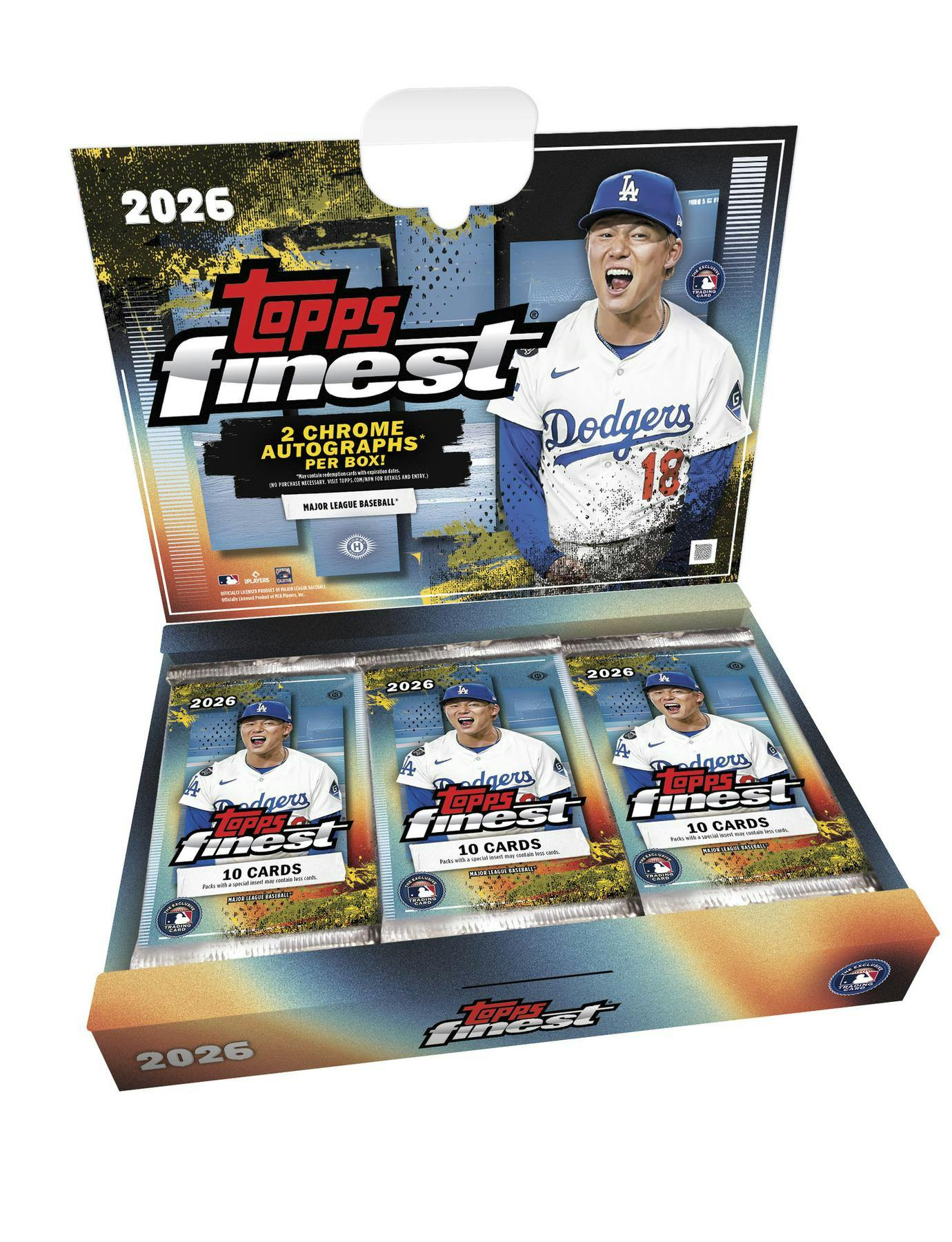 2026 Topps Finest Baseball Hobby Box sealed trading card box featuring 2 autograph cards per box.
Back of the 2026 Topps Finest Baseball Hobby Box showing product information and box configuration.
2026 Topps Finest Baseball trading card pack artwork.
2026 Topps Finest Baseball promotional sell sheet highlighting Rookie Patch Autographs, case hits, and SuperFractor parallels.