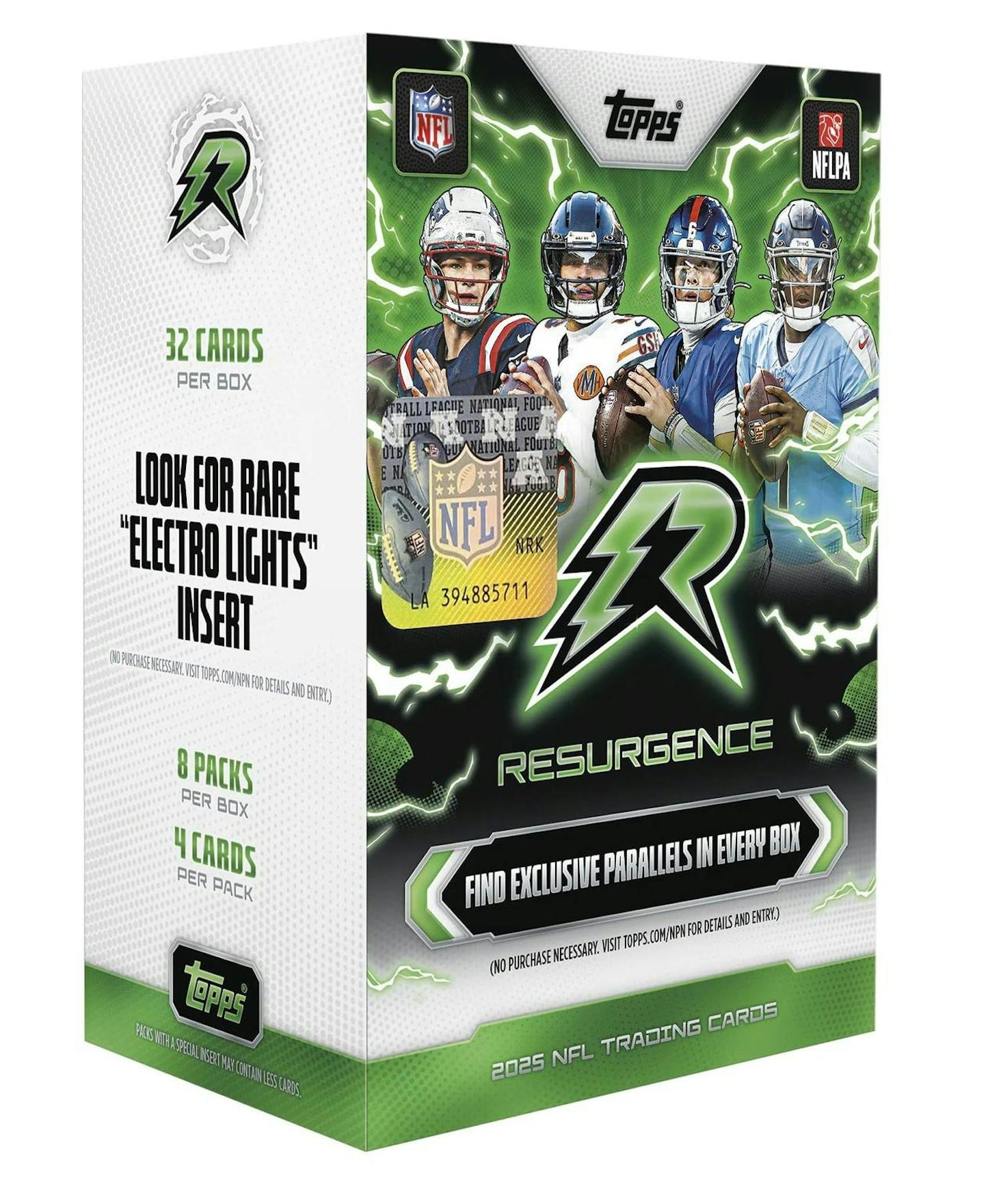 2025 Topps Resurgence Football Blaster Box featuring exclusive Sky Blue & Pink Shock parallels and rookie autograph chase cards.
Back of the 2025 Topps Resurgence Football Blaster Box displaying product details and box configuration.
2025 Topps Resurgence Football blaster pack featuring vibrant chrome designs and colorful Power Surge parallels.
2025 Topps Resurgence Football promotional sell sheet highlighting Electro Lights case hits, Molecular Marks autographs, Neon Initiates, and rookie autograph content