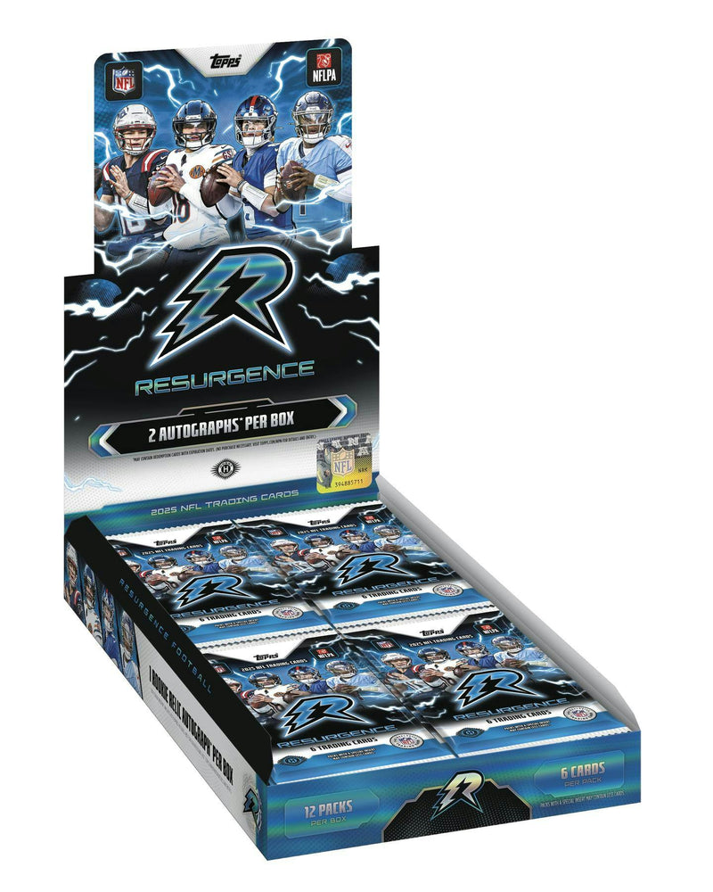 2025 Topps Resurgence Football Hobby Box featuring one autograph and one rookie autograph relic card.
Back of the 2025 Topps Resurgence Football Hobby Box showing product details and box configuration.
2025 Topps Resurgence Football hobby pack featuring chrome football cards, Surge parallels, and rookie content.
2025 Topps Resurgence Football sell sheet highlighting Neon Initiates, Thermal Red Ink Autographs, Perfect Hits, and rookie relic autographs.