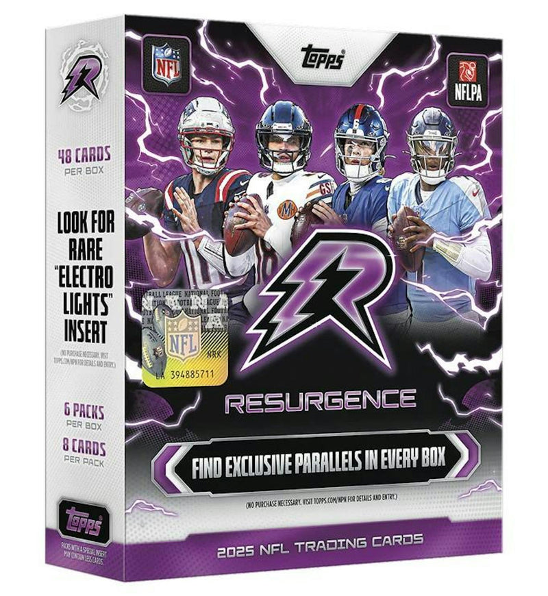 2025 Topps Resurgence Football Mega Box featuring exclusive Blue and Orange Spark parallels.
Back of the 2025 Topps Resurgence Football Mega Box showing product details and box configuration.
2025 Topps Resurgence Football Mega pack featuring vibrant chrome cards, rookie content, and Surge parallels.
2025 Topps Resurgence Football sell sheet highlighting Electro Lights case hits, Molecular Marks, Neon Initiates, and rookie autographs.