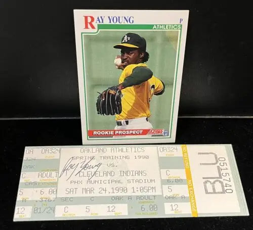 Ray Young Oakland Athletics Spring Training card and signed ticket from 1990