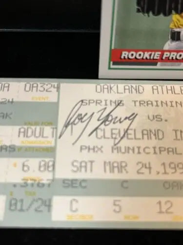 Signed baseball ticket from Spring Training featuring Ray Young and the Oakland Athletics