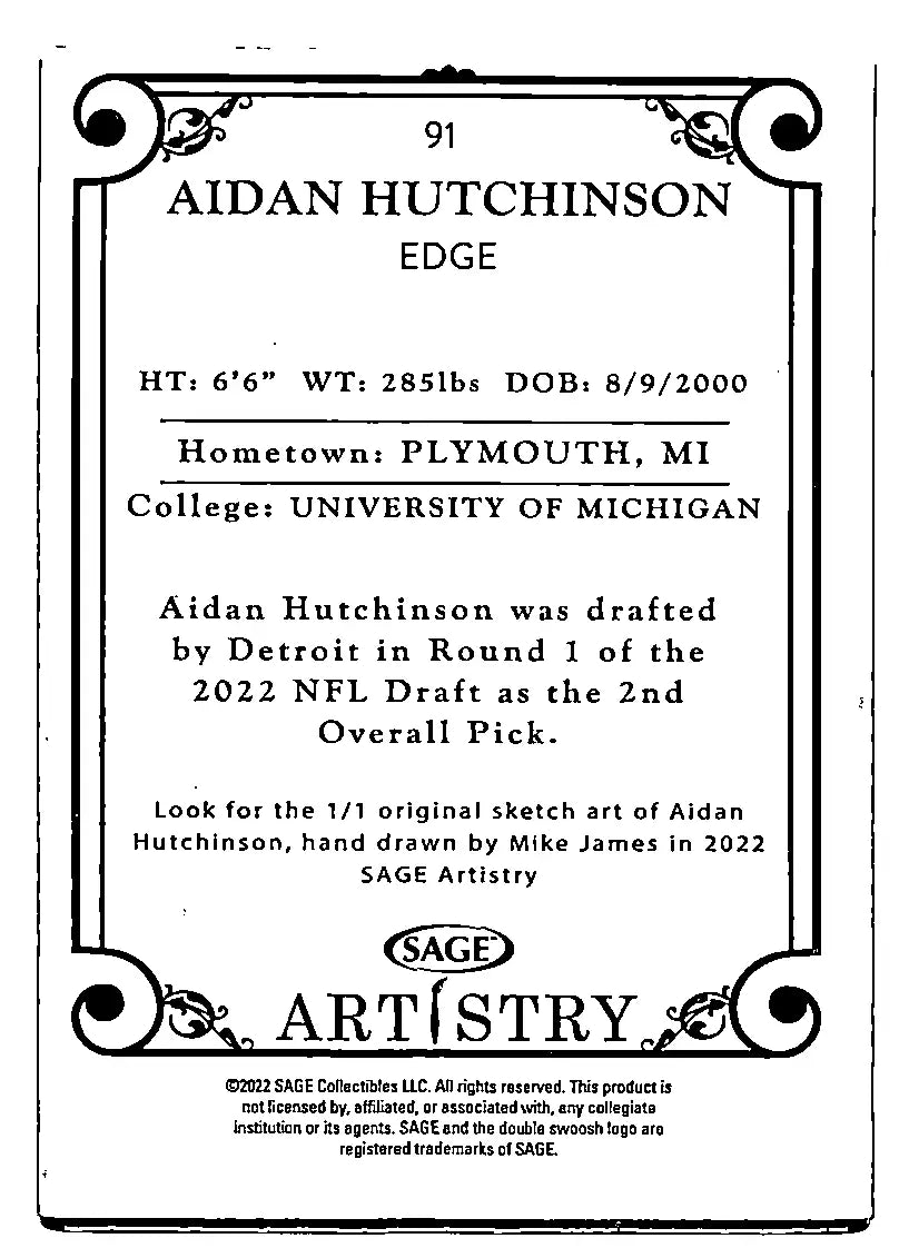 Sage Artistry Aidan Hutchinson trading card from the 2022 Michigan Lions collection