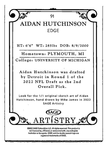 Aidan Hutchinson trading card from Sage Artistry 2022 Michigan Lions collection