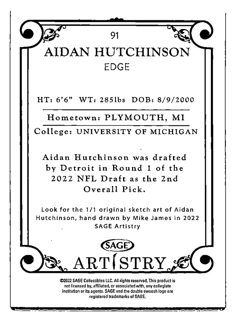 Aidan Hutchinson trading card from Sage Artistry 2022 Michigan Lions collection