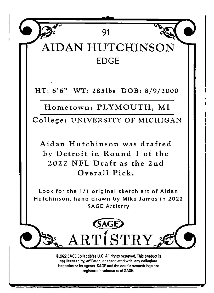 Sage Artistry Aidan Hutchinson trading card from 2022 Michigan Lions collection
