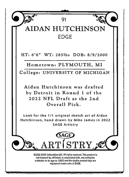 Sage Artistry Aidan Hutchinson trading card from 2022 Michigan Lions collection