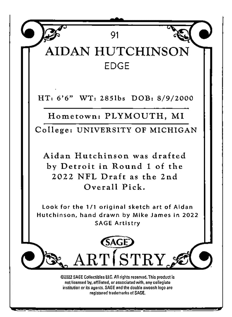 Sage Artistry Aidan Hutchinson trading card from 2022 Michigan Lions collection