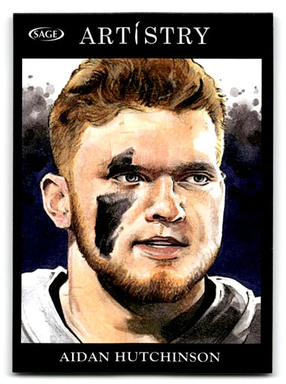 Sage Artistry Aidan Hutchinson trading card featuring Michigan Lion #91 in silver canvas
