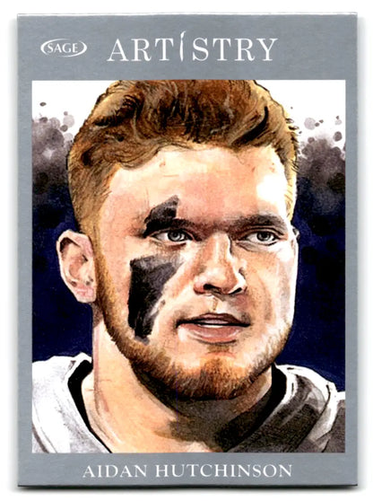 Sage Artistry Aidan Hutchinson trading card featuring Michigan Lion logo and silver design
