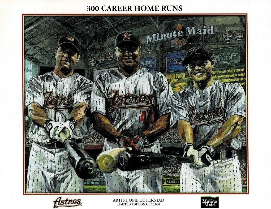Baseball players Lance Berkman, Carlos Lee, and Pudge Rodriguez celebrate 300 home runs