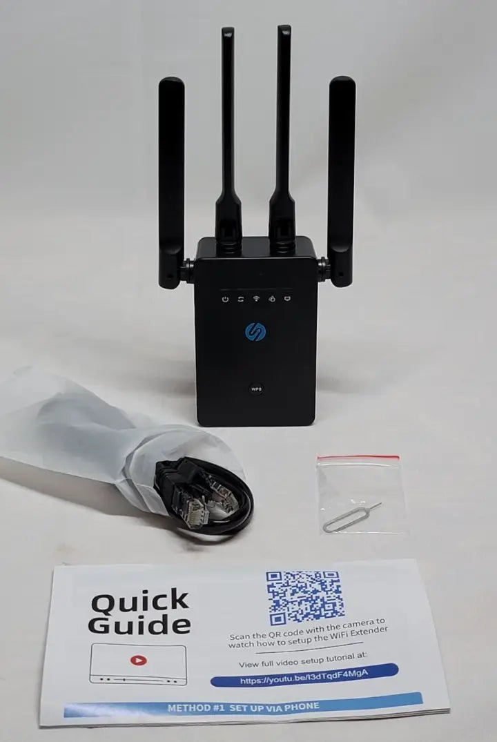 Black wireless WiFi extender with four antennas for 300Mbps WiFi range extension