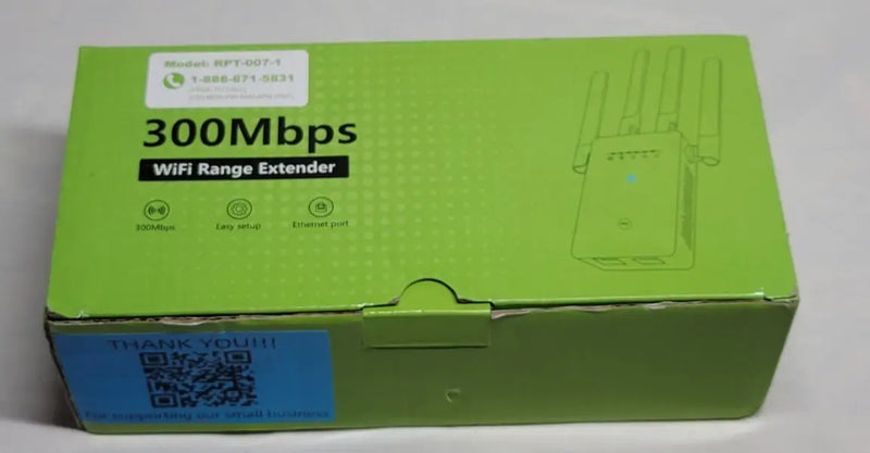 Green box for 300Mbps WiFi Range Extender Model RPT007-1 showcasing wifi range extender features
