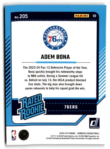 2024-25 Donruss Holo Green Laser #205 Adem Bona NM-MT RC Rookie 76ers ID:81278 - Basketball Card Single
