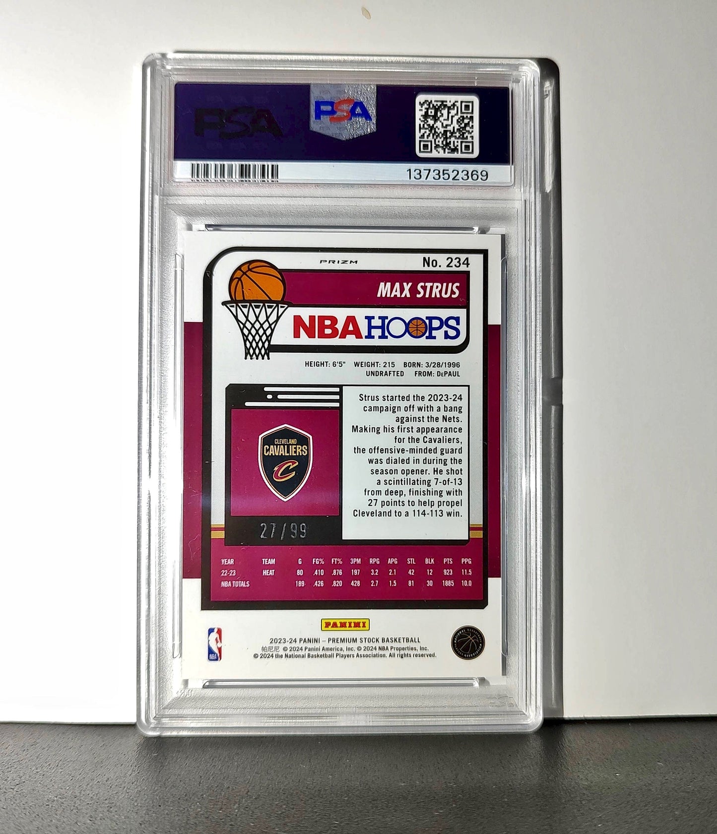 Max Strus 2023 Panini Hoops Premium #234 27/99 Blue Disco Prizm PSA 9 Mint