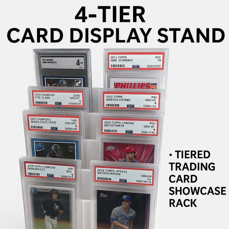4-Tier Trading Card Display Stand Holds PSA SGC Slabs Sports Cards & TCG GREY