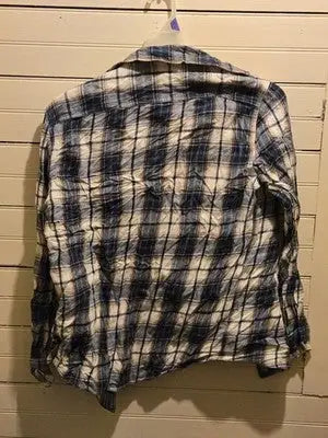 Sonoma Flannel Shirt Womens M Blue White Plaid Button Front Distressed Hole - Apparel