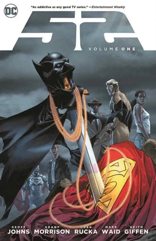 Comic book cover of 52 TPB Volume 01 featuring superheroes amid an Infinite Crisis