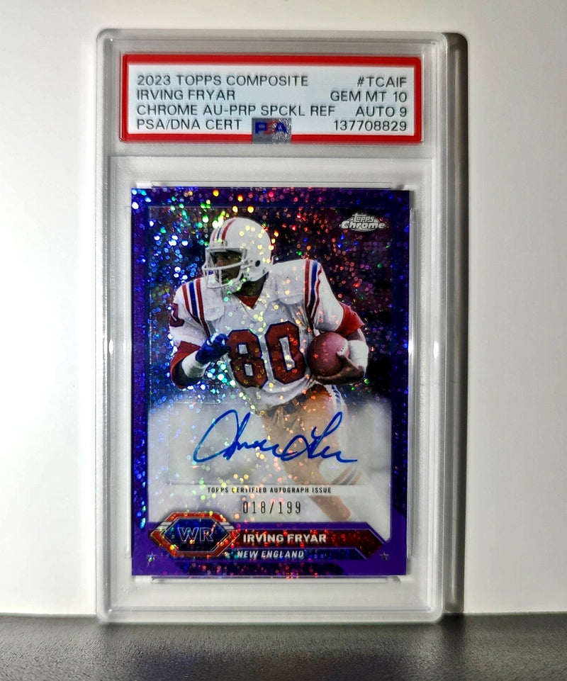 Irving Fryar 2023 Topps Chrome Purple Speckle Refractor 18/199 PSA 10 Auto 9