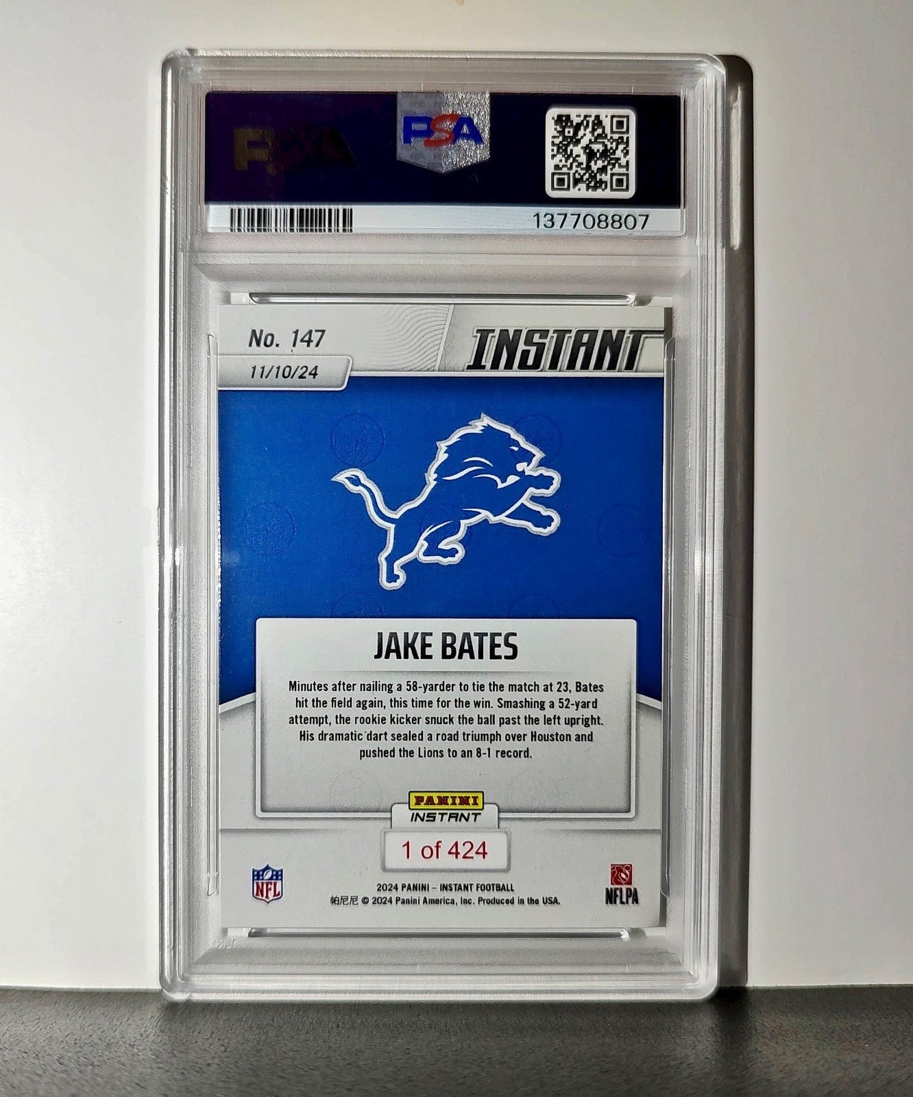 Jake Bates Rookie 2024 Panini NFL #147 Detroit Lions PSA 9 Auto 9