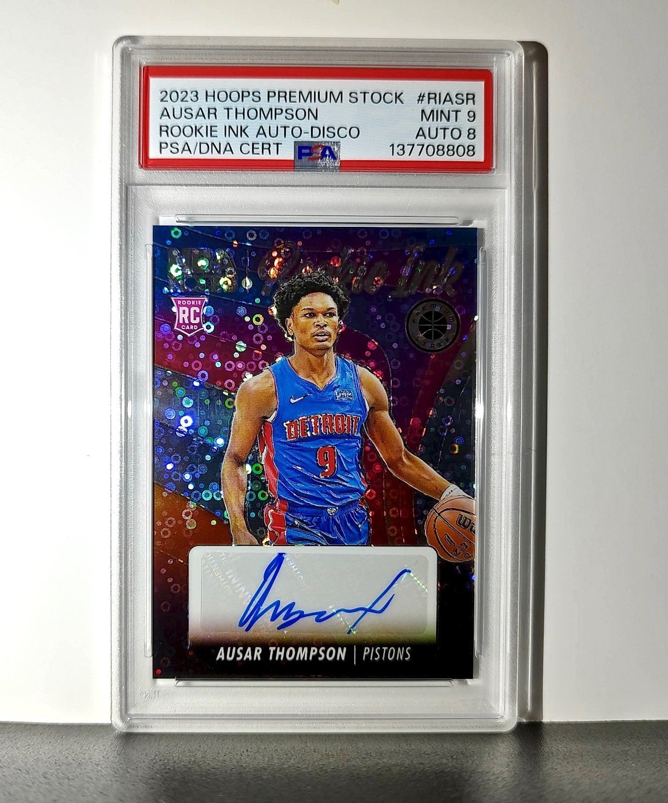 Ausar Thompson 2023 NBA Hoops #RI-ASR Rookie Ink Prizm Disco Ball PSA 9 Auto 8