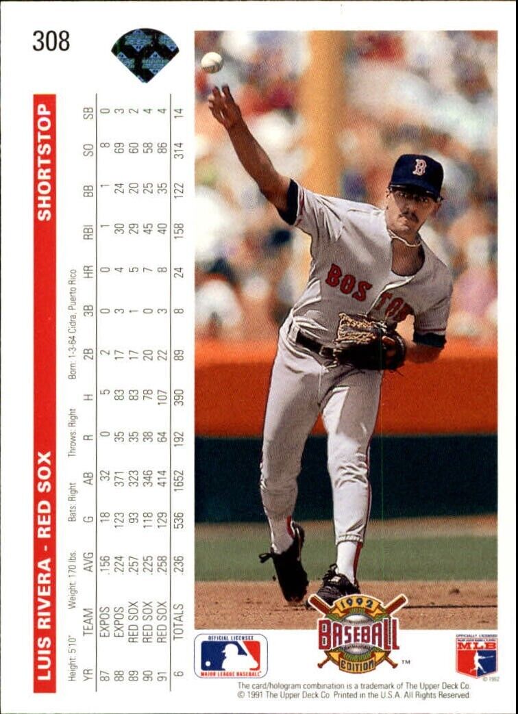Luis Rivera 1992 Upper Deck MLB #308 Baseball Card Boston Red Sox