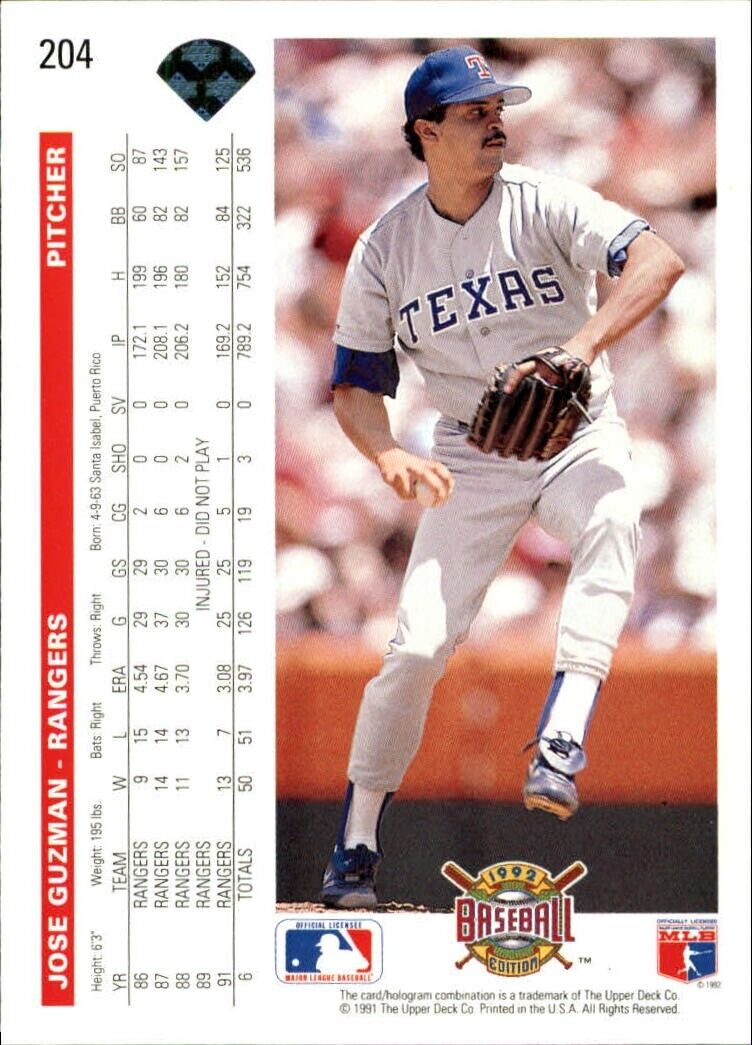 Jose Guzman 1992 Upper Deck MLB #204 Baseball Card Texas Rangers
