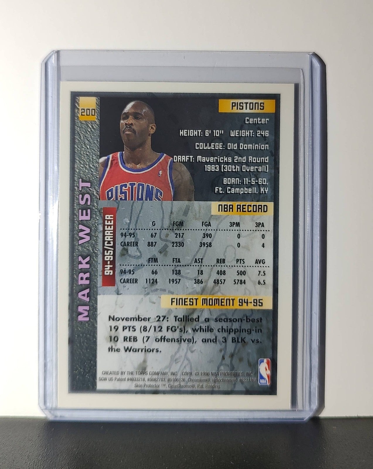 Mark West 1995-96 Topps Finest NBA #200 Card Detroit Pistons