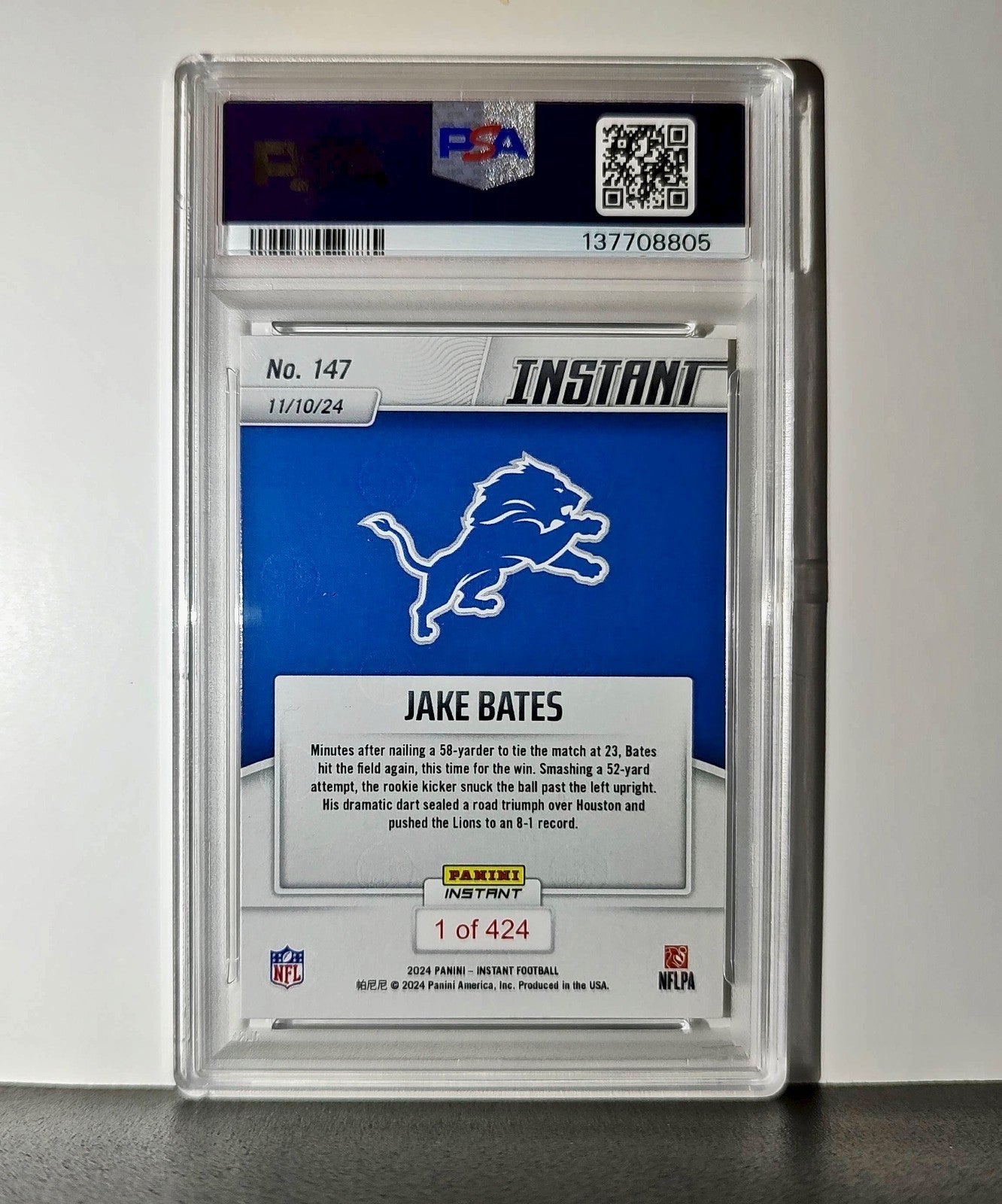 Jake Bates Rookie 2024 Panini NFL #147 Detroit Lions PSA 10 Auto 9