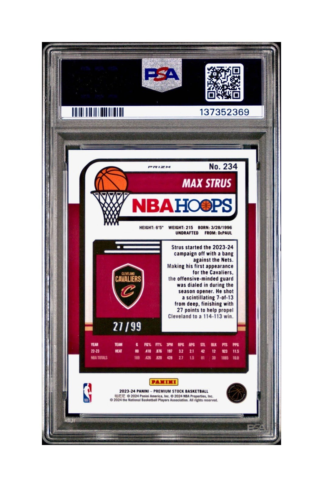 Max Strus 2023 Panini Hoops Premium #234 27/99 Blue Disco Prizm PSA 9 Mint