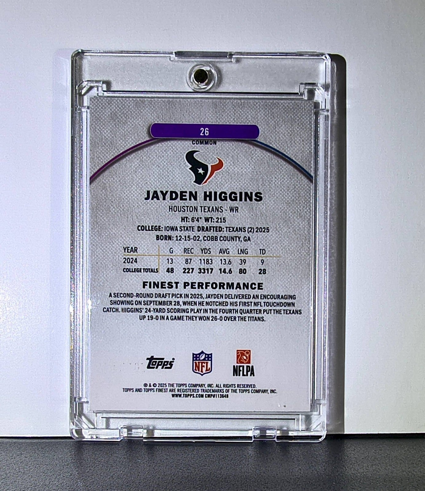 Jayden Higgins Rookie 2025 Topps Finest NFL #26 Card Houston Texans 065/200