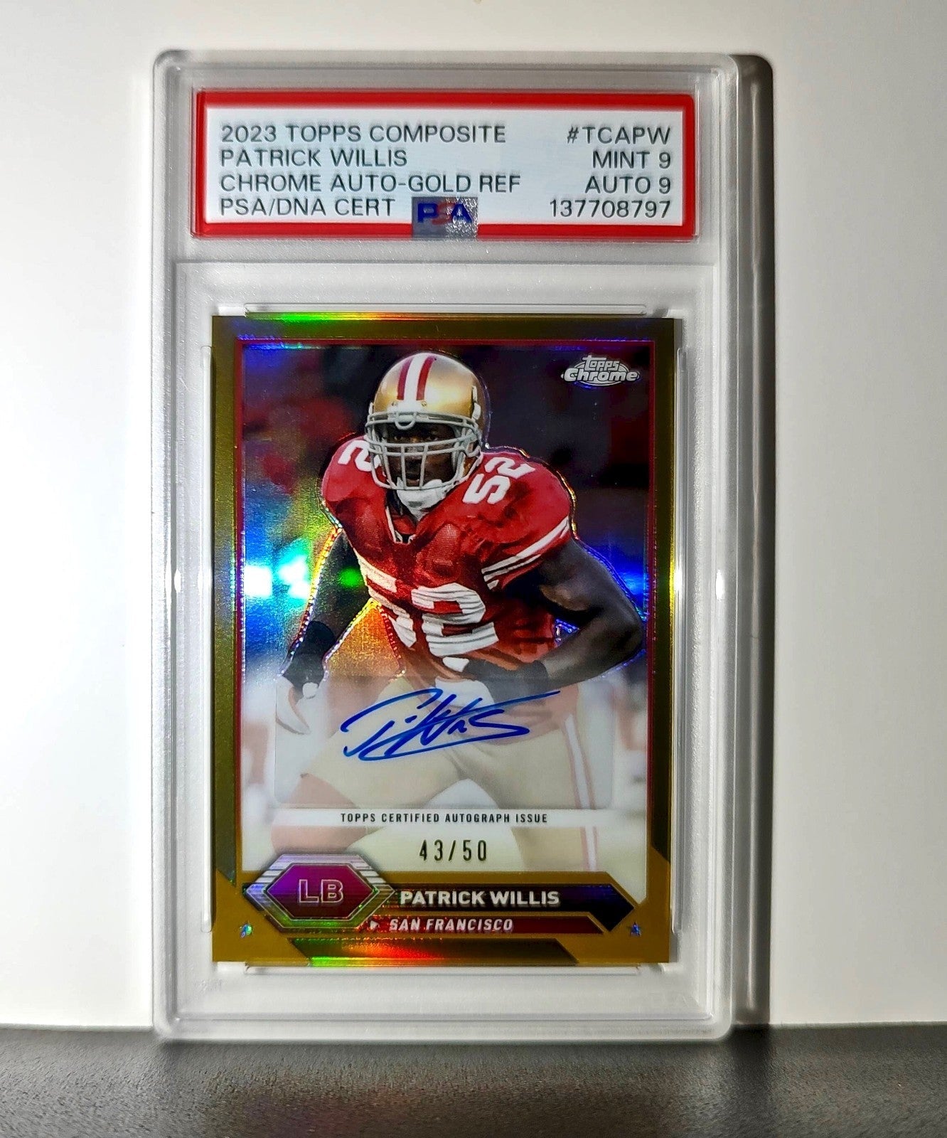 Patrick Willis 2023 Topps Chrome #TCA-PW Gold Refractor 43/50 PSA 9 Auto 9