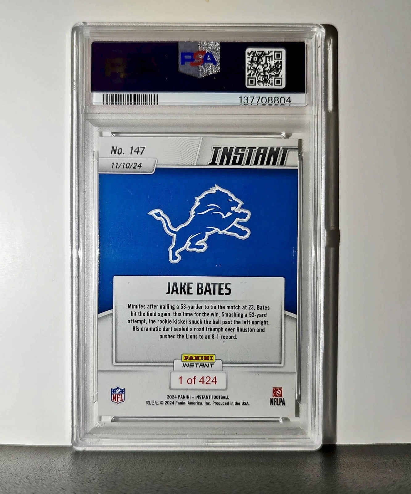 Jake Bates Rookie 2024 Panini NFL #147 Detroit Lions PSA 9 Auto 9