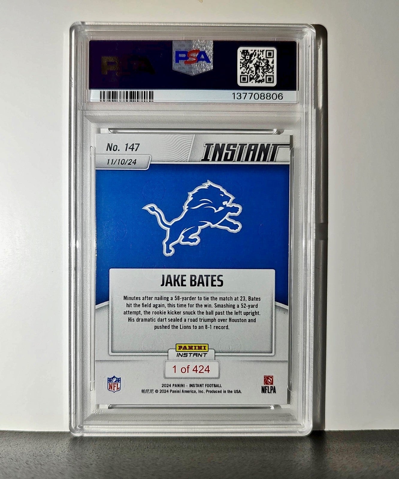 Jake Bates Rookie 2024 Panini NFL #147 Detroit Lions PSA 10 Auto 9