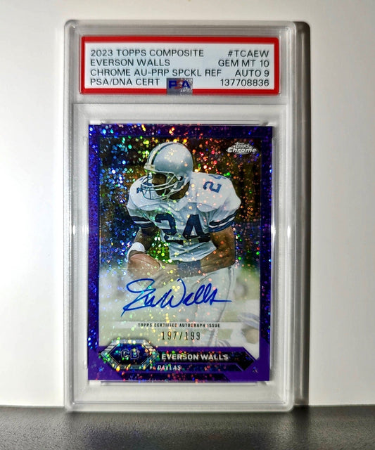 Everson Walls 2023 Topps Chrome Purple Speckle Refractor 197/199 PSA 10 Auto 9
