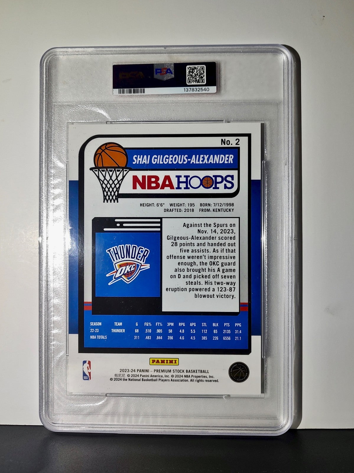 Shai Gilgeous-Alexander 2023 Panini Premium Stock NBA Hoops #2 Jumbo PSA 9 Mint