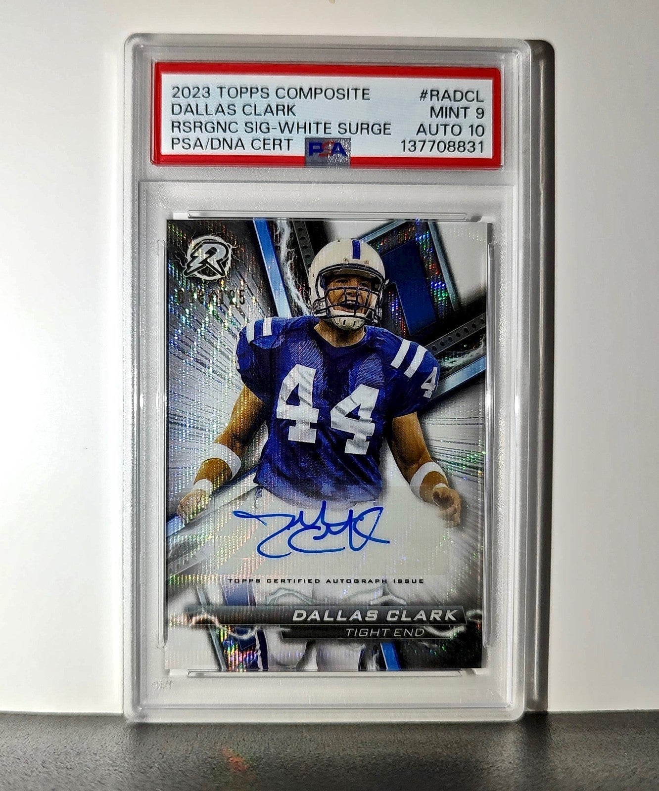 Dallas Clark 2023 Topps Resurgence #RA-DCL White Surge 38/125 PSA 9 Auto 10