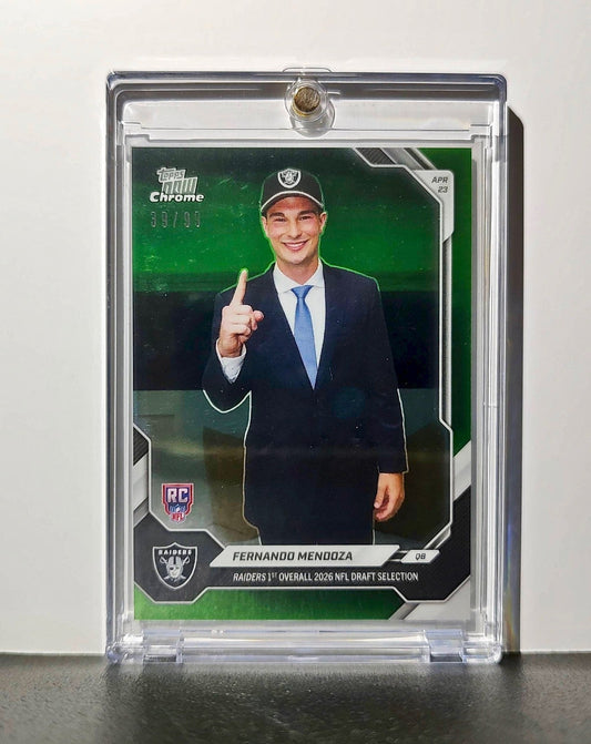 Fernando Mendoza Rookie 2026 Topps Now Draft Night Chrome Green Foil 39/99 Card