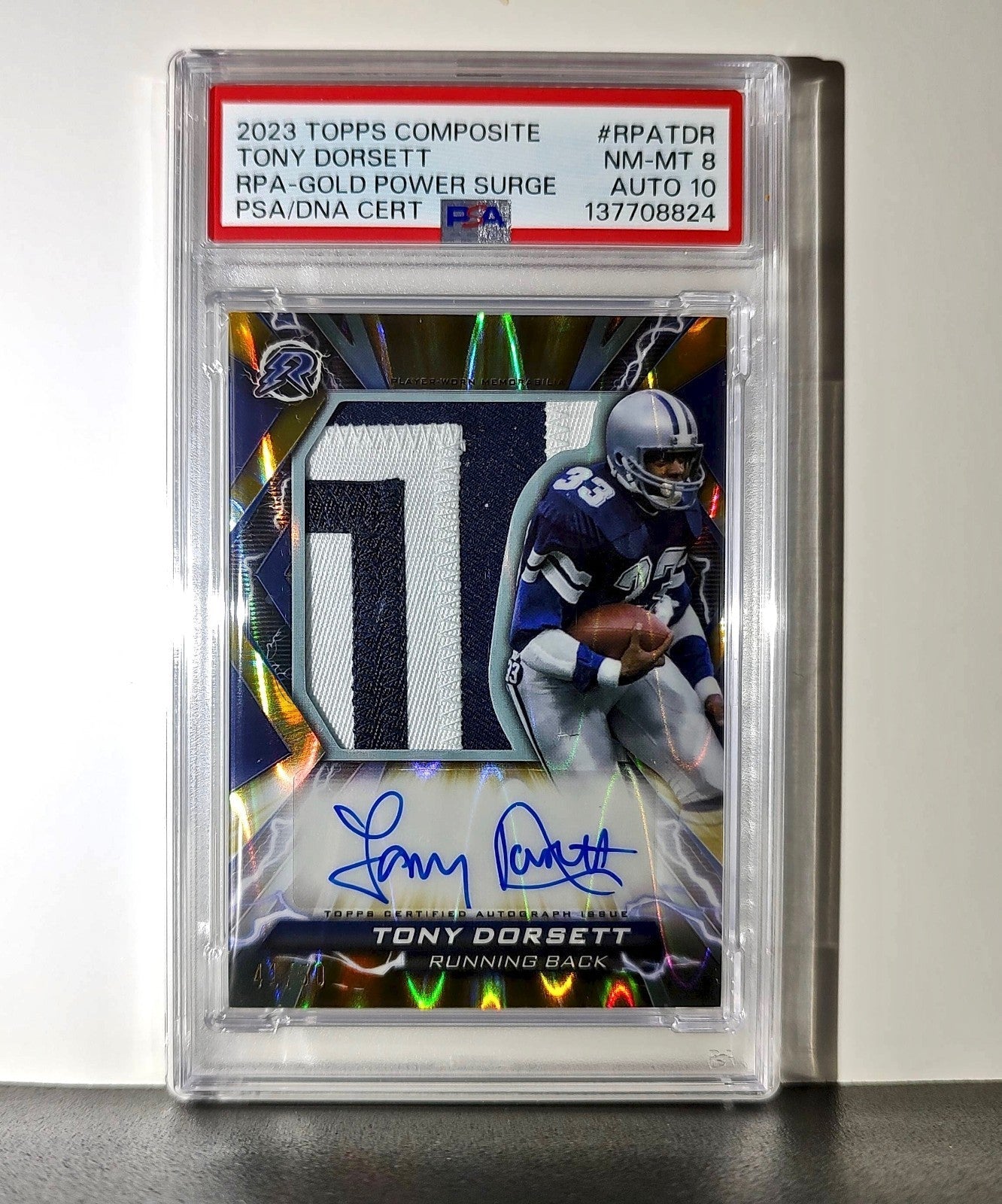 Tony Dorseett 2023 Topps #RPA-TDR Resurgence Patch Gold 41/50 PSA 8 Auto 10