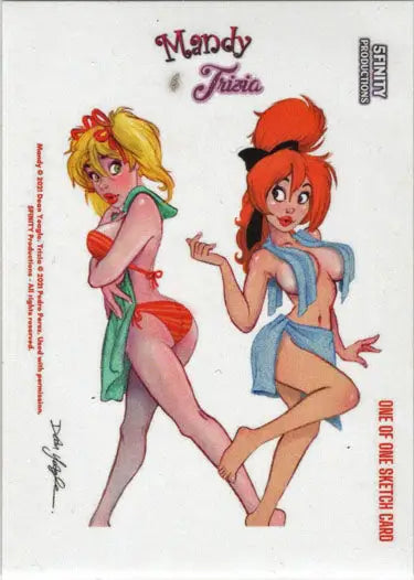 Cartoon illustration of two female characters on a Dean Yeagle sketch card trading card