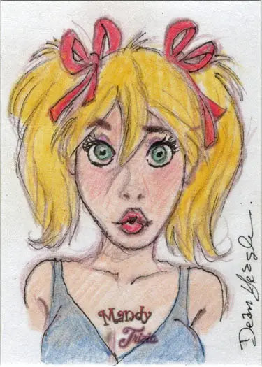 Hand-drawn portrait of a young woman with blonde pigtails on Dean Yeagle sketch card