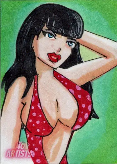 Cartoon woman with black hair in red polka dot top from Aaron Laurich Sketch Card series