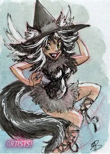 Whimsical cat-like witch illustration on 5finity Amber Stone sketch card master set