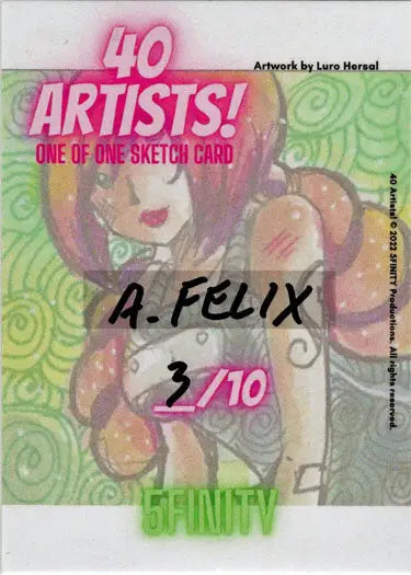 Stylized cartoon character with pink hair on a green background from 5finity Sketch Card Ashlianna Felix
