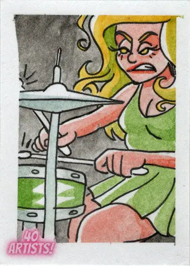 Cartoon woman in a green dress stirring a pot on a stove in Ashlianna Felix sketch card
