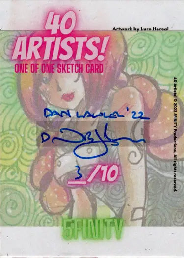 Stylized cartoon face sketch card by Dan Lawler with swirling green background